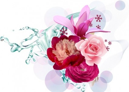 Vibrant pink and magenta flowers with water splash and bokeh background, artistic floral composition.