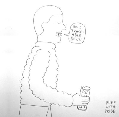 A person in a puffy jacket holding a can, exhaling speech bubble saying "100% TRACEABLE DOWN" with text "PUFF WITH PRIDE" below.