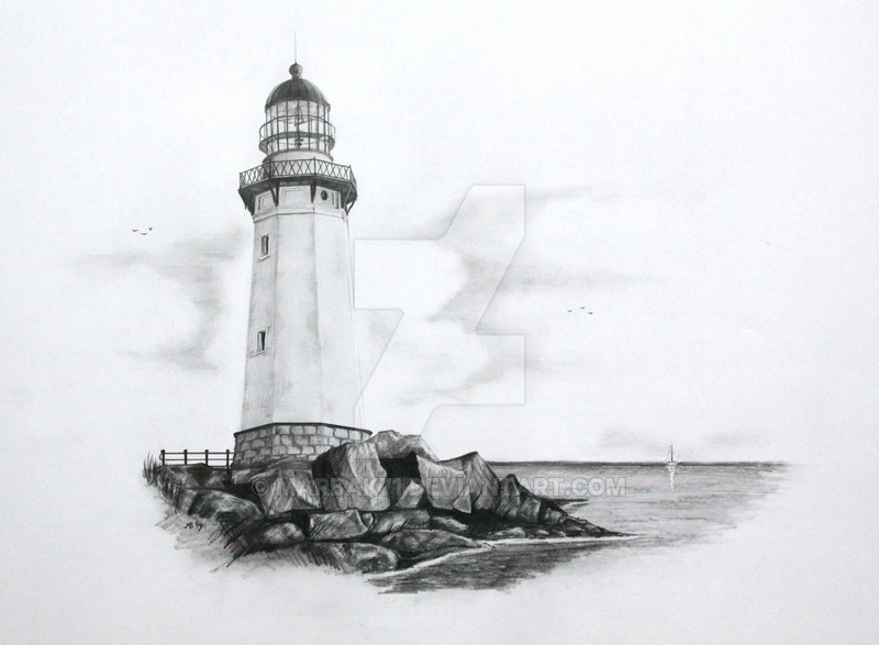 Sketch work lighthouse tattoo on the right arm