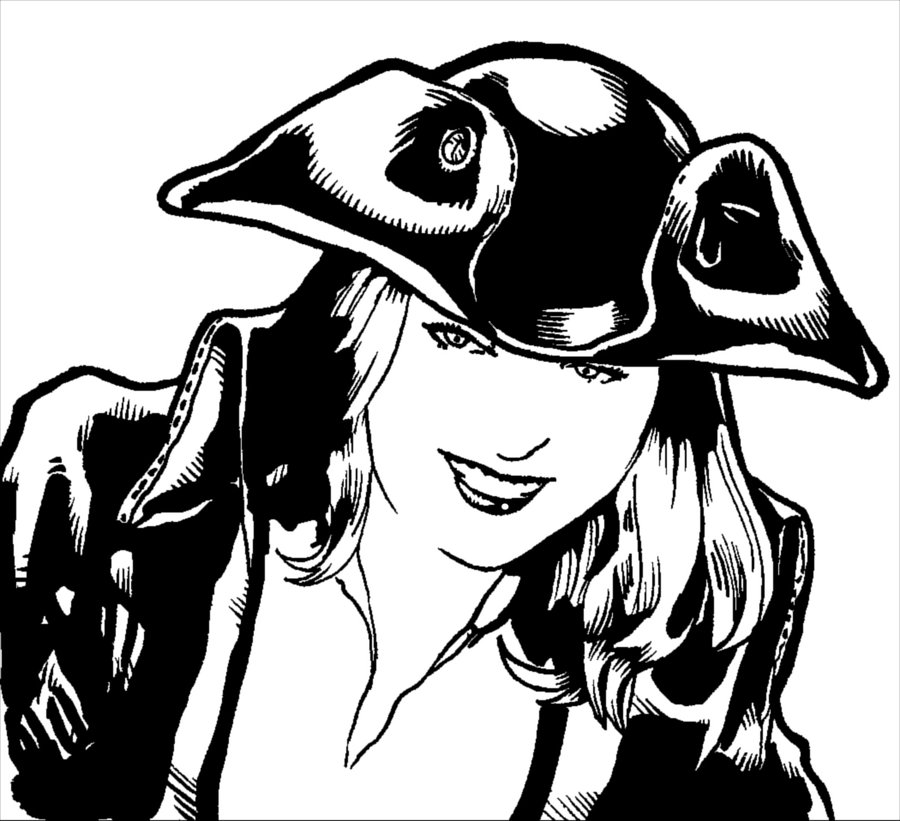 Black-and-white ink illustration of a smiling woman wearing a tricorn hat and pirate-style jacket.