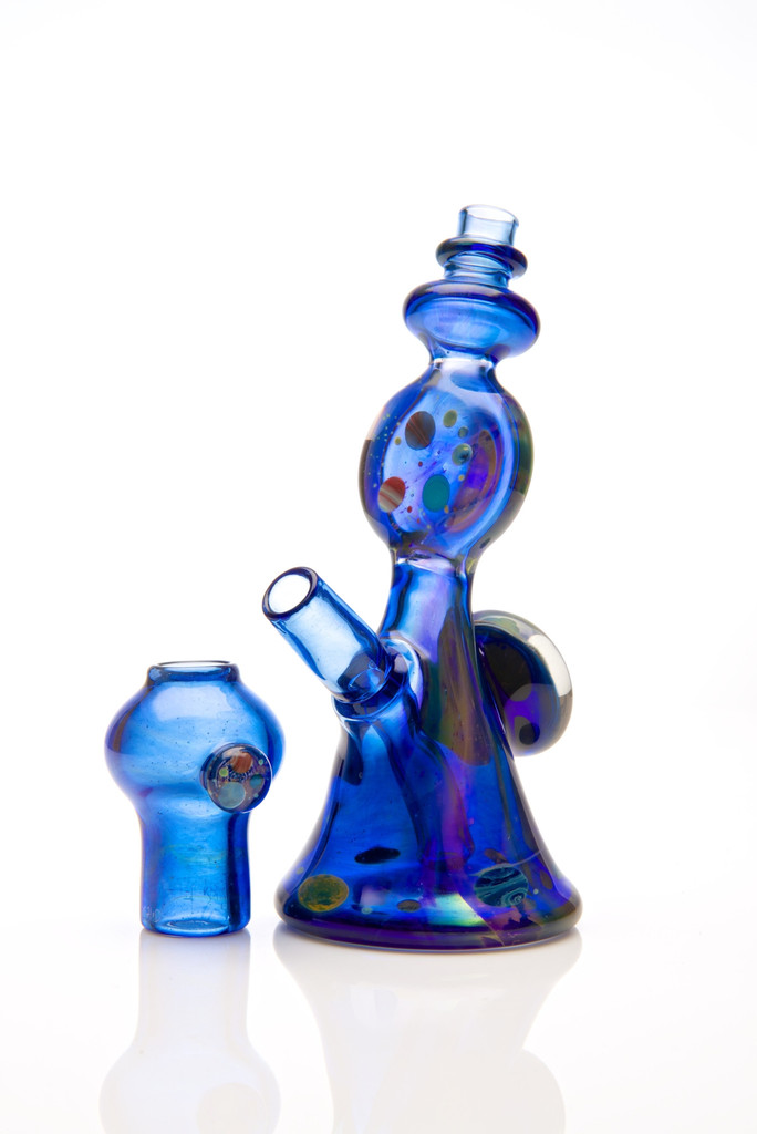 Premium Cobalt Blue Glass Bong with Artistic Inclusions - Handblown Smoking Device