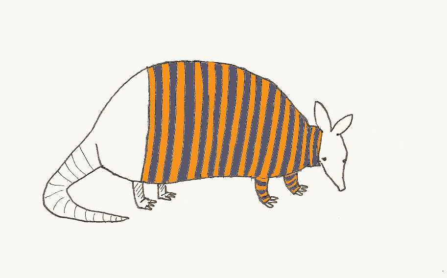 A whimsical armadillo wearing an orange-and-navy striped sweater, drawn in simple line art with a playful style.
