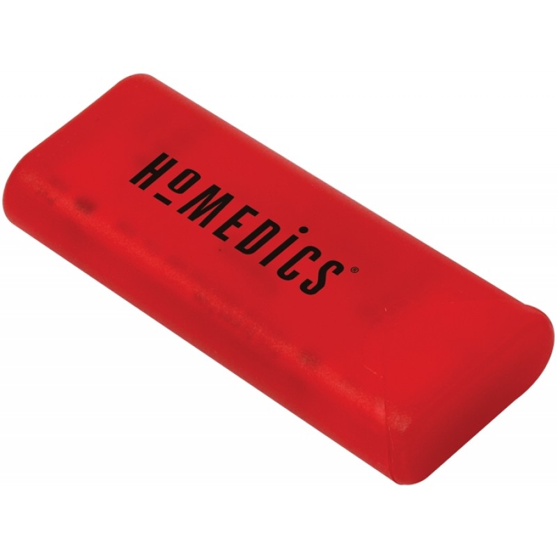 Red Homedics branded portable massager with smooth ergonomic design and black logo.