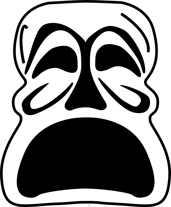 Black-and-white stylized crying face with teardrops and open mouth, expressing deep sorrow or grief.