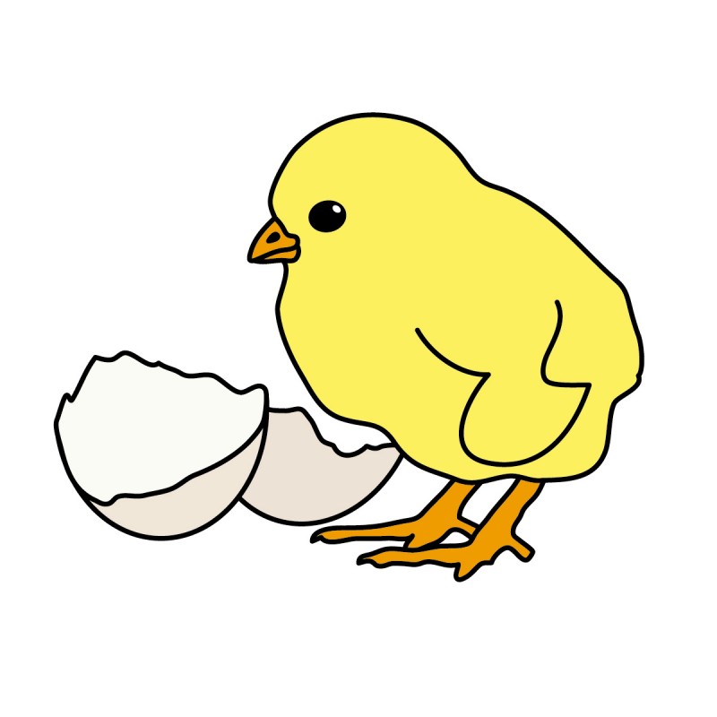 A cheerful yellow chick stepping out of a broken eggshell, cartoon-style illustration.