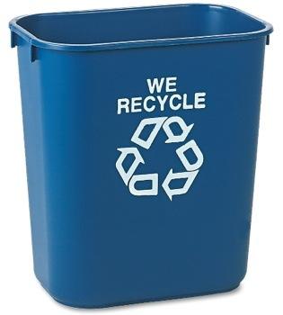 Blue plastic recycling bin with "WE RECYCLE" text and white recycling symbol.