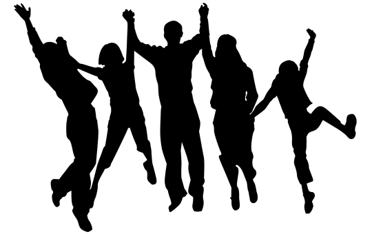 Celebrating Team Success - Joyful Group Jump Silhouette