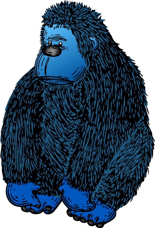 Blue cartoon gorilla with expressive face, thick fur, and contemplative pose against black background.