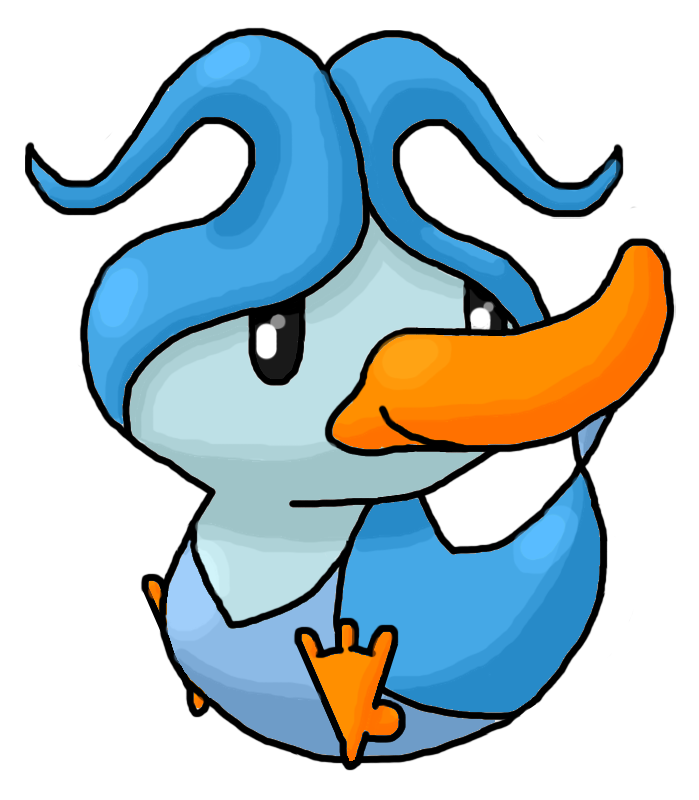 A cute cartoon duckling with vibrant blue feathers, expressive eyes, and an orange beak and feet.