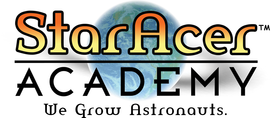 StarAcer Academy logo featuring stylized text over a blue Earth globe background.