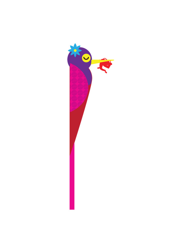 Stylized purple and pink hummingbird with blue flower on head, holding a red insect in its yellow beak.