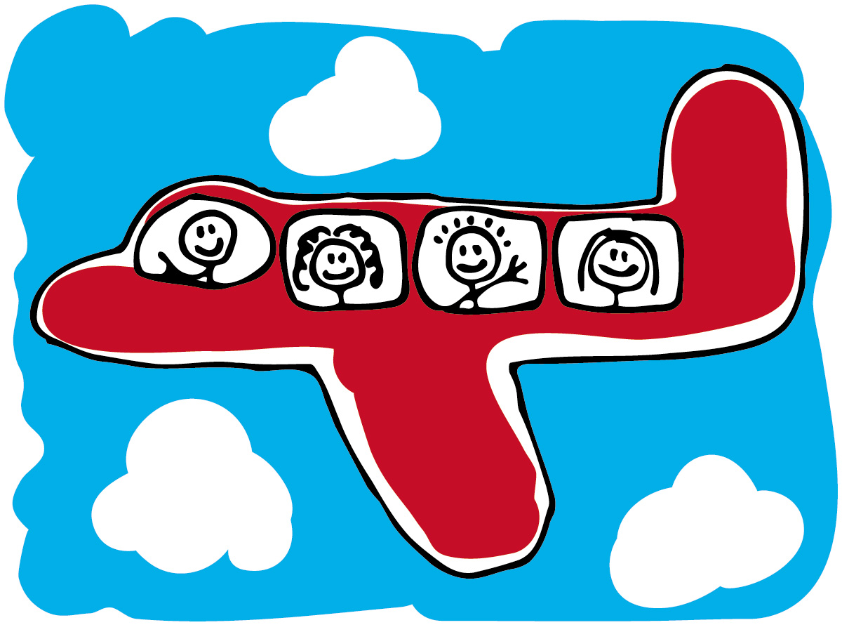 Red cartoon airplane with four smiling passengers flying through a blue sky with white clouds.