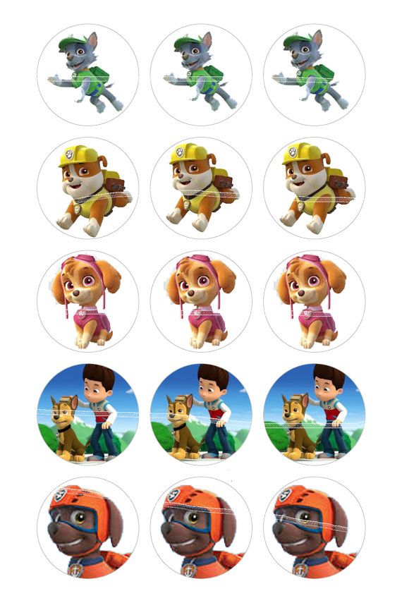 Collection of Paw Patrol character cupcake toppers featuring Chase, Rubble, Skye, Ryder, and Zuma in circular designs.