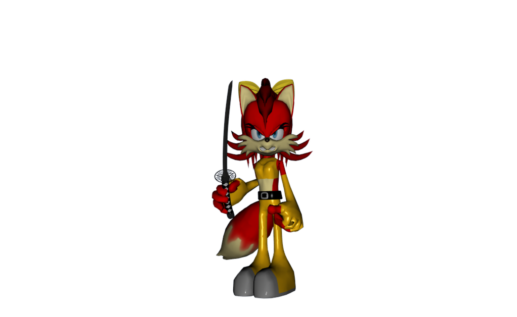 Red and yellow anthropomorphic fox character wielding a katana, stylized with spiky fur and determined expression against black background.