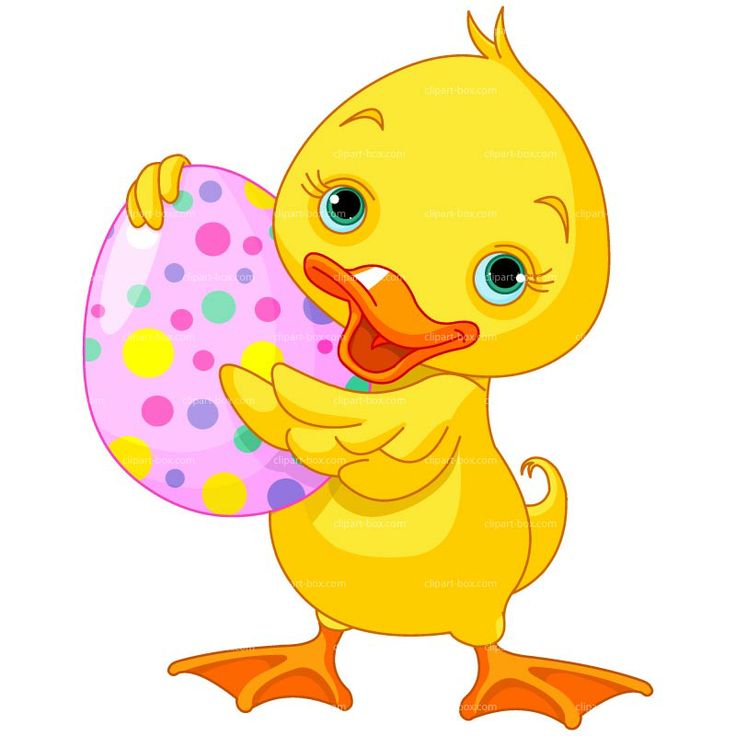 Cheerful yellow duckling holding a colorful polka-dotted Easter egg.