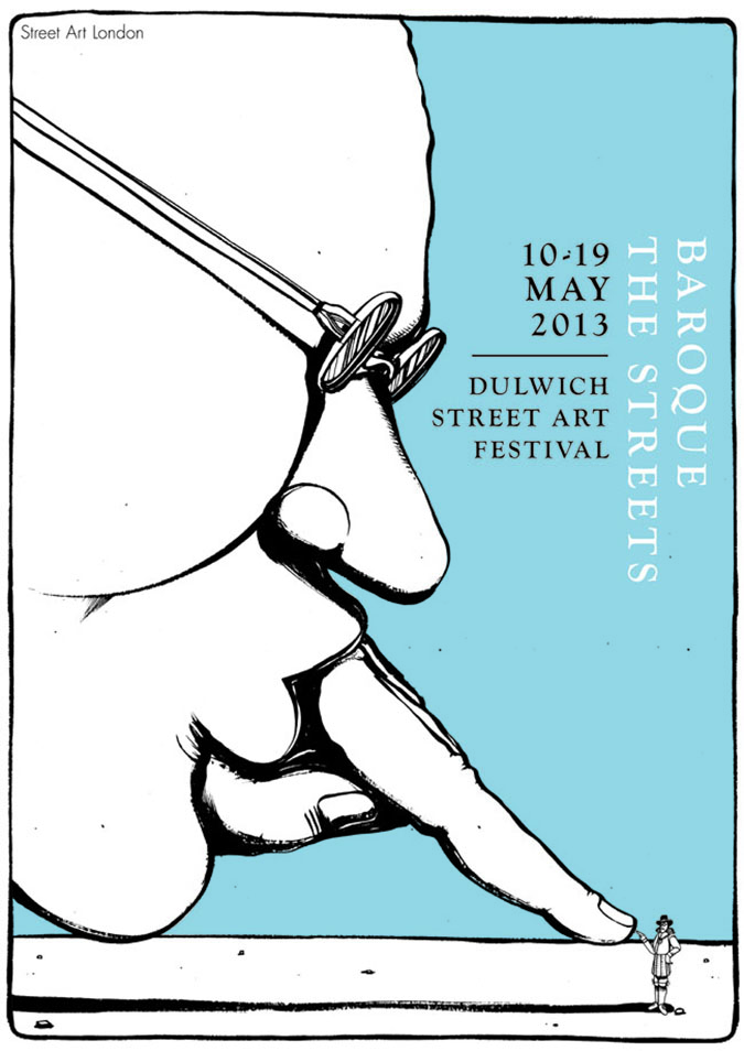 A stylized illustration of a giant hand holding a magnifying glass over a tiny street artist, promoting the 2013 Dulwich Street Art Festival.