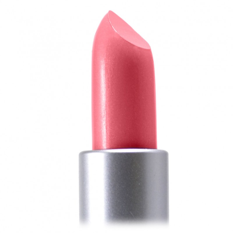 Coral-pink matte lipstick with silver casing, close-up on white background
