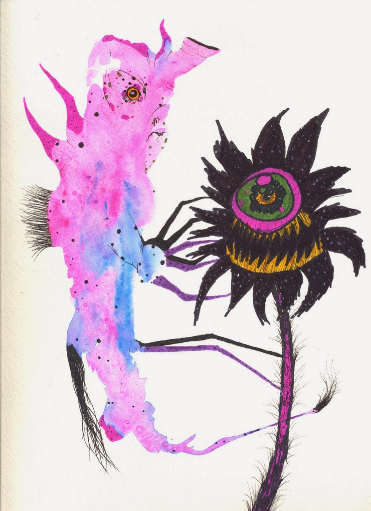 Surreal watercolor illustration of a pink-and-blue humanoid figure with spiky limbs interacting with a black, eye-centered flower creature.