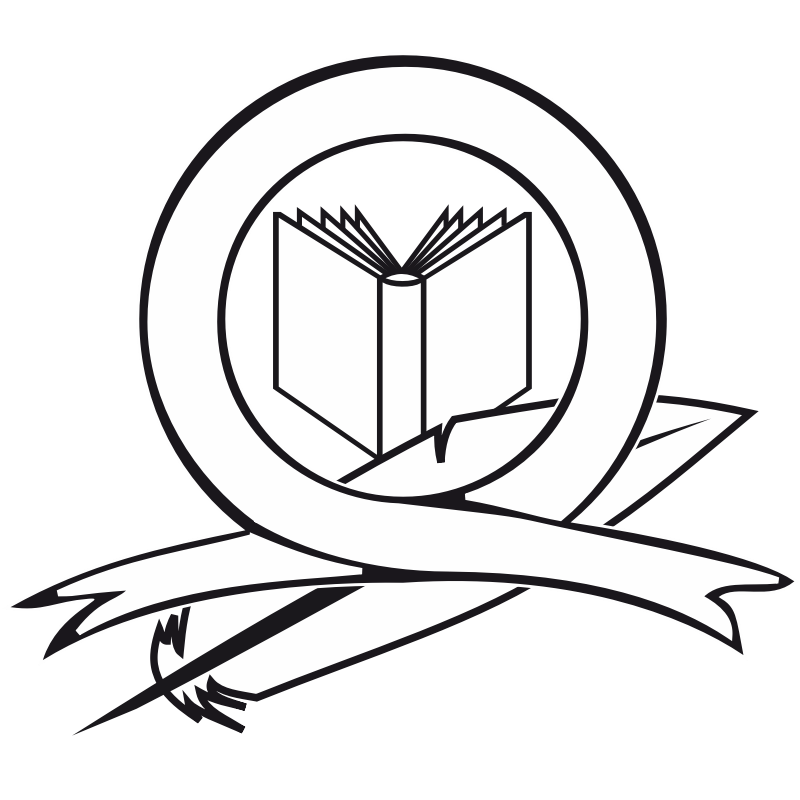 Black and white emblem featuring an open book inside a circular seal with flowing ribbon banners.