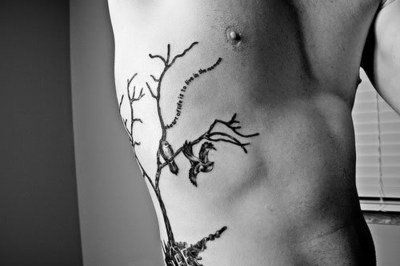 Black And White Tree Tattoo On Side 