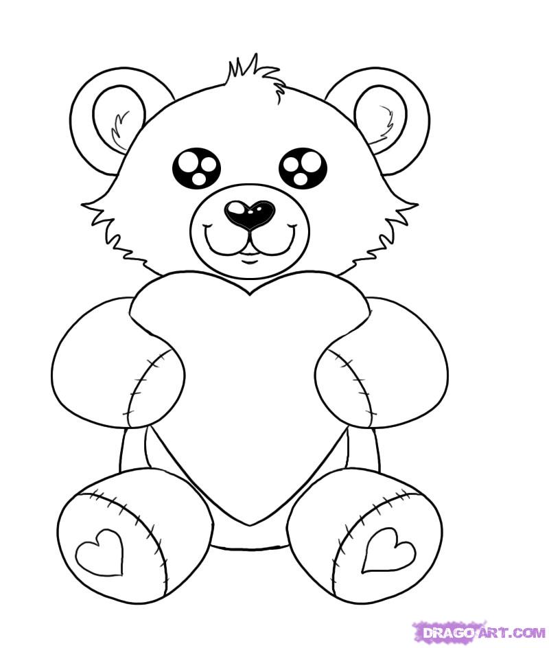 Drawing of teddy bear with heart – Line art illustrations