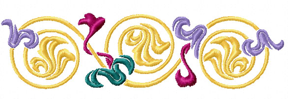 Embroidered decorative border with golden swirls, purple and magenta floral accents, and teal flourishes on white background.