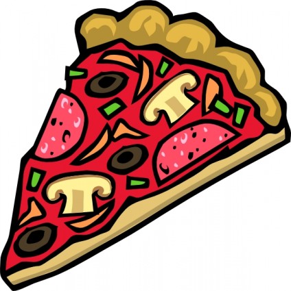 A colorful cartoon-style slice of pizza topped with pepperoni, mushrooms, olives, green peppers, and cheese on a golden crust.
