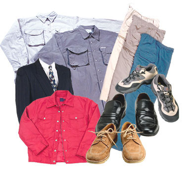 A curated assortment of men's apparel including shirts, a blazer, pants, and various styles of shoes-dress, casual, and hiking.
