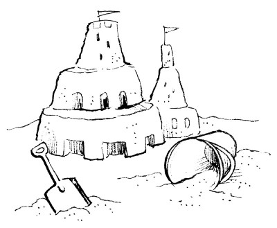 Sand Castle, Shells, Beach. Pen Drawing in the Style of Pointillism.  Postcard, Graphics, Illustration. Fairy Fortress Sculpture. Stock  Illustration - Illustration of drawing, pointillism: 218630998