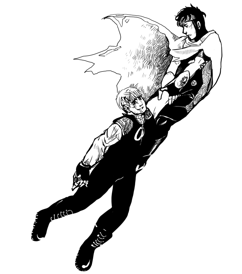 Dynamic Anime Duo in Mid-Air Flight - Black-and-White Illustration
