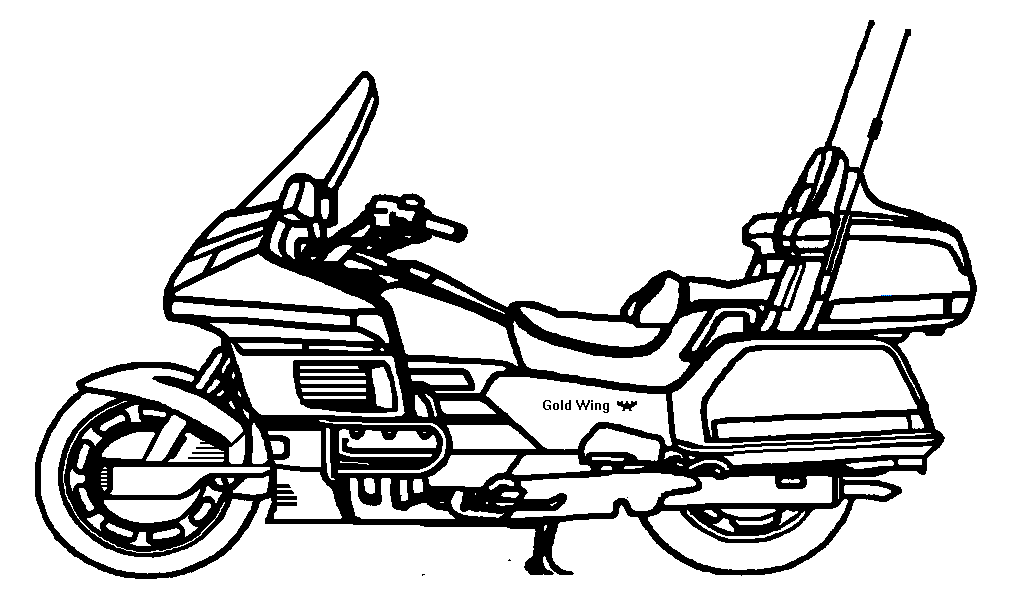 Line drawing of a Honda Gold Wing touring motorcycle with fairing, windshield, and saddlebags.