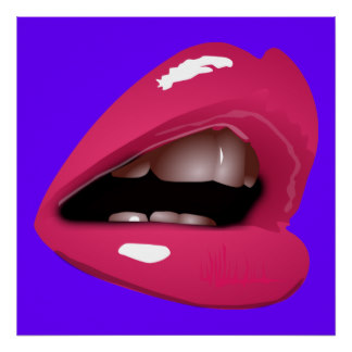 Glossy pink lips parted to reveal teeth against a vibrant purple background, stylized digital illustration.