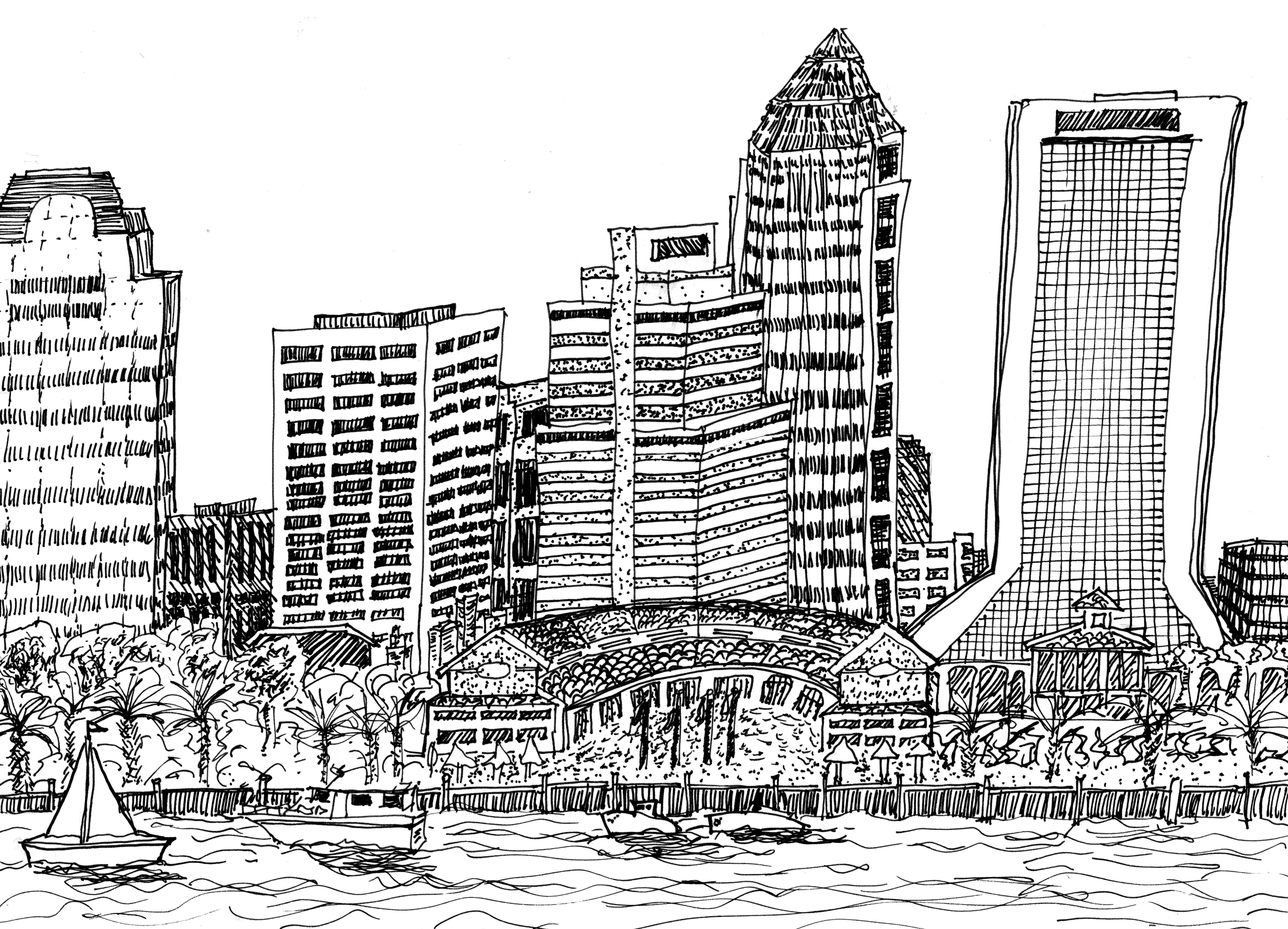 Jacksonville Skyline Sketch | Drawing + Hand