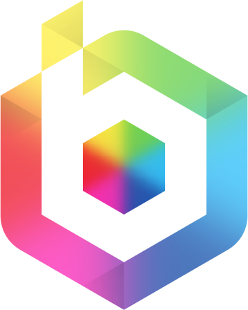 Vibrant multicolored hexagonal logo with a white stylized 'b' and rainbow gradient background.