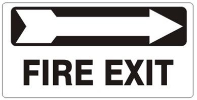 Black and white fire exit sign with right-pointing arrow and bold text.