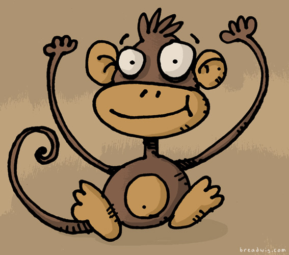 Friendly cartoon monkey sitting with a cheerful smile and expressive eyes.