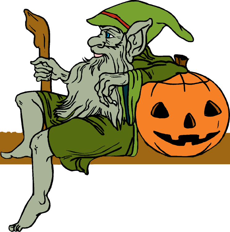 A green-clad gnome with a pointy hat sits beside a carved jack-o'-lantern, holding a wooden staff.