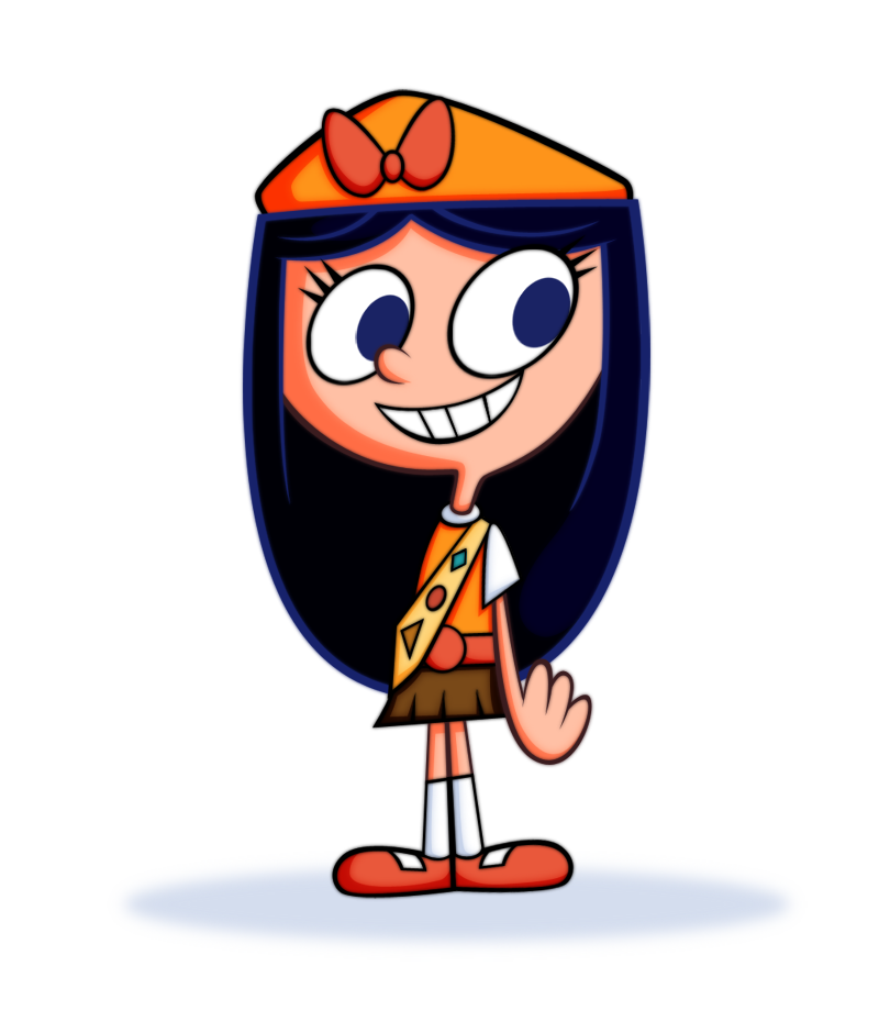 Animated girl character with blue hair, orange hat, and scout-style outfit waving cheerfully.