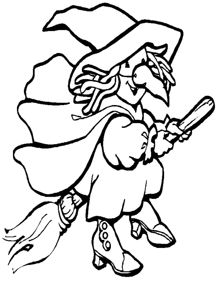 Cheerful cartoon witch flying on a broomstick, wearing a pointed hat and holding a wand.