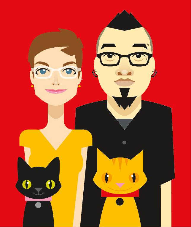 A stylized illustration of a couple with two cats against a red background-woman in yellow, man in black, both wearing glasses.