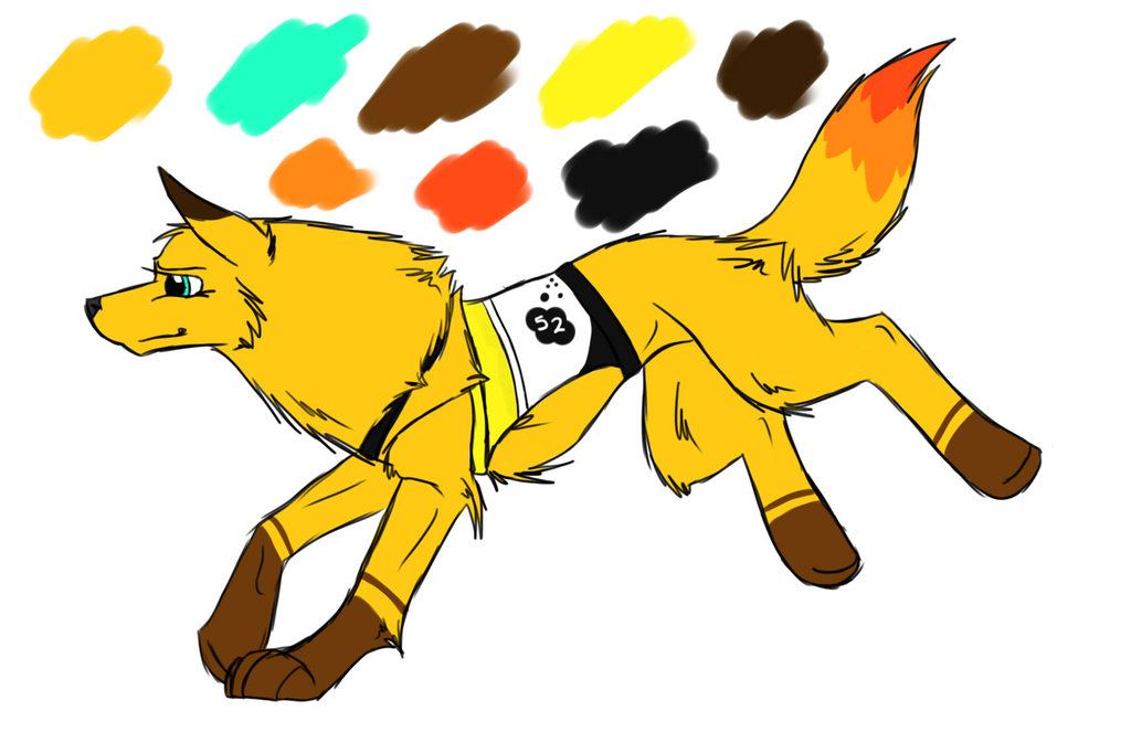 A yellow anthropomorphic fox in motion, wearing a numbered racing harness, with color swatches above its back.