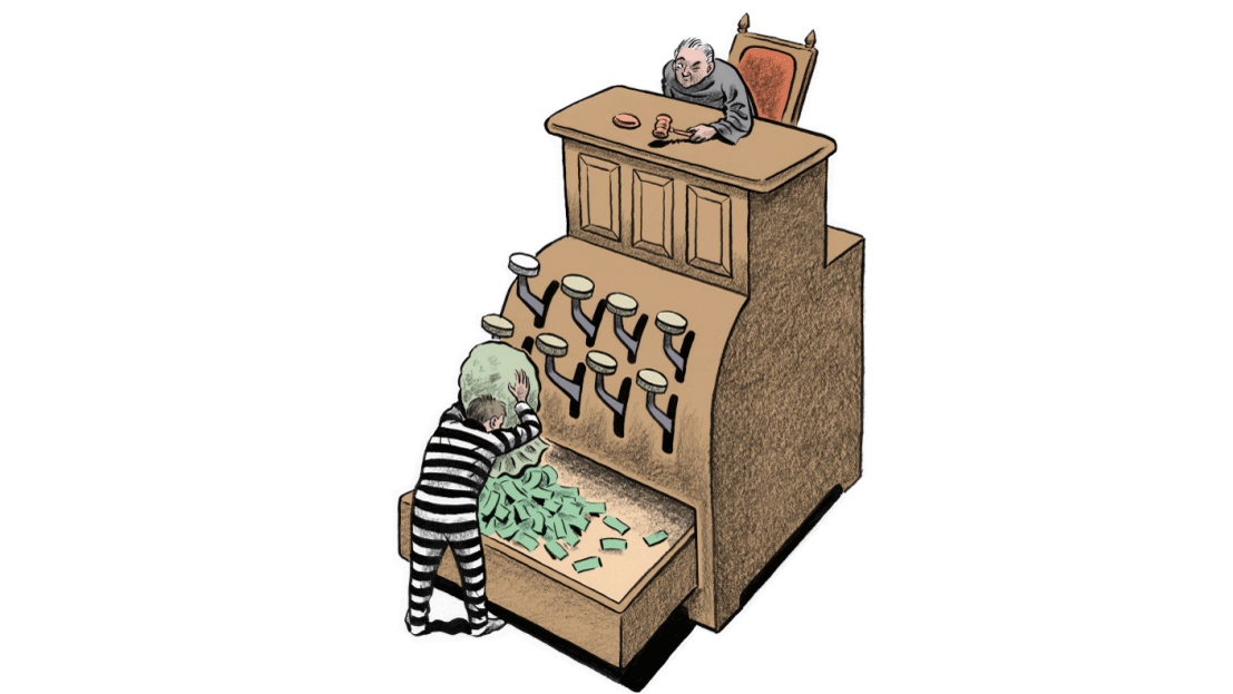 Judicial Oversight vs. Financial Theft - Illustrative Cartoon
