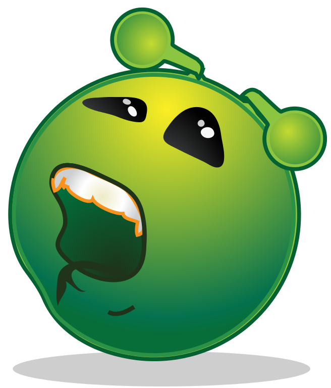 Green cartoon alien with wide-open mouth, bulging eyes, and two antennae, expressing shock or surprise.