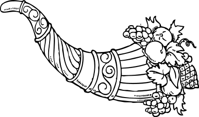 Decorative cornucopia overflowing with grapes, apples, and wheat, symbolizing abundance and harvest.