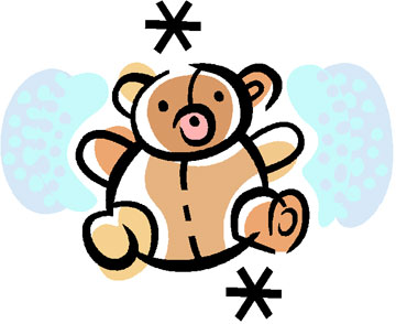 Cute cartoon teddy bear with outstretched arms, surrounded by sparkles and soft blue clouds.