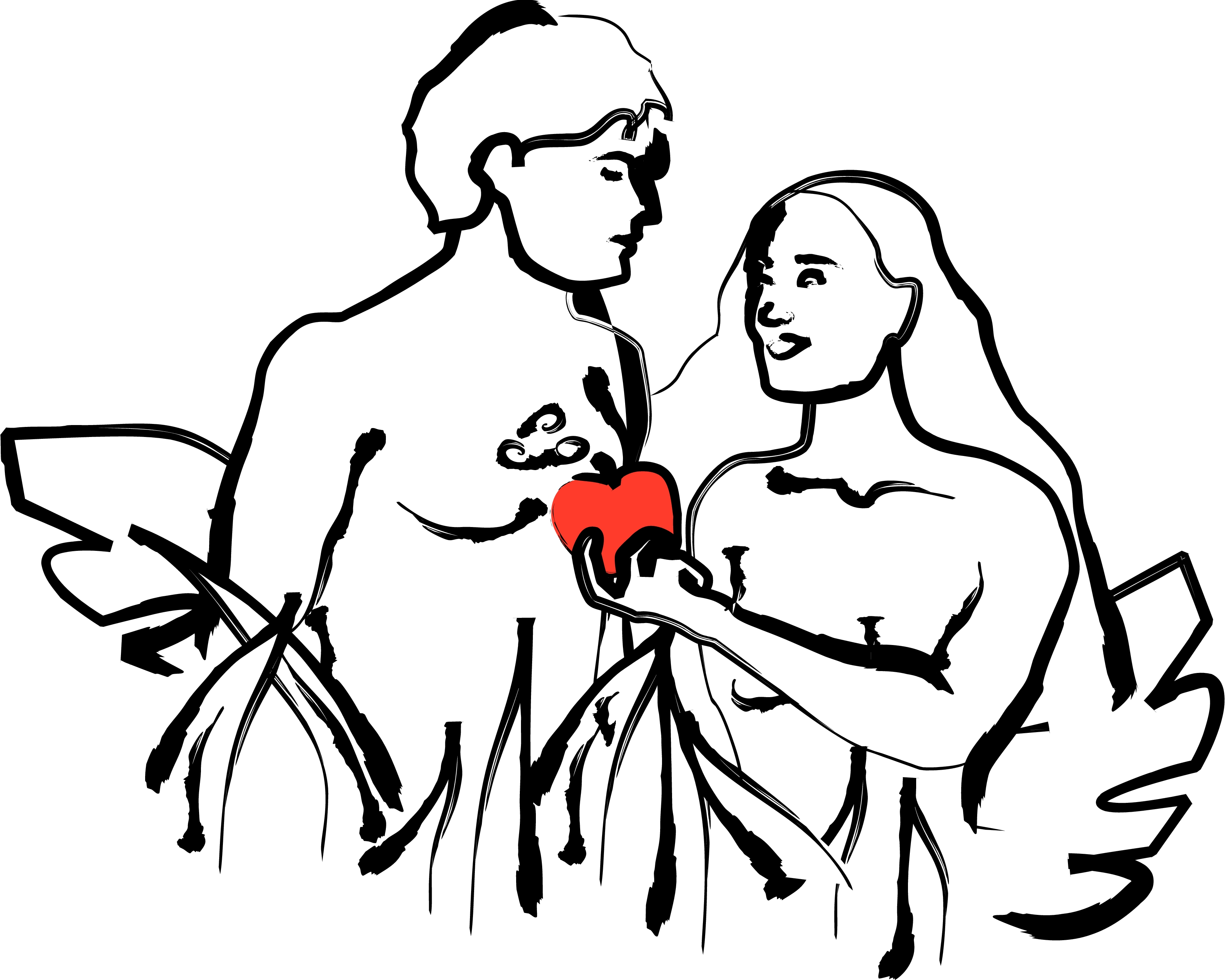 A stylized line-art couple sharing a red heart, symbolizing love and connection.