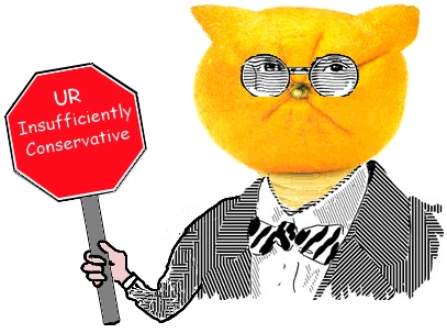 A cartoon orange cat in a suit and glasses holds a red stop sign reading "UR Insufficiently Conservative".