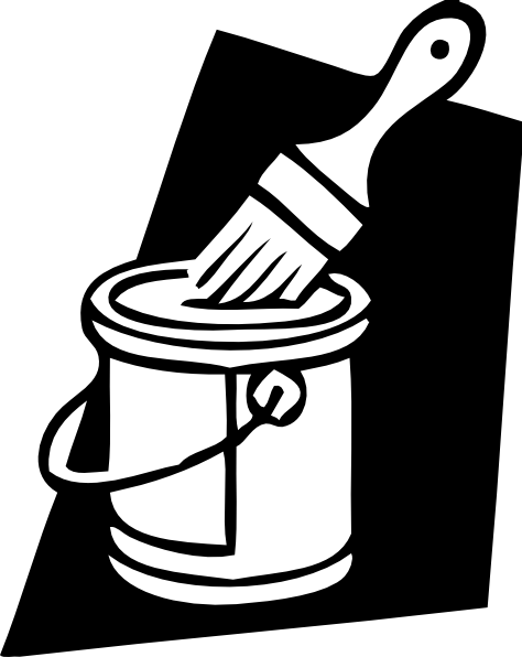 Paintbrush dipping into an open paint can, black-and-white illustration.
