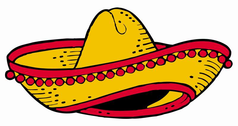 Bright yellow sombrero with red trim and decorative beads, cartoon-style illustration.