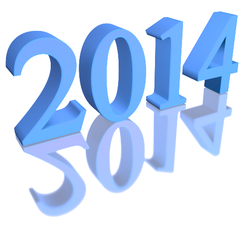 Blue 3D numerals "2014" with reflective surface and shadow effect